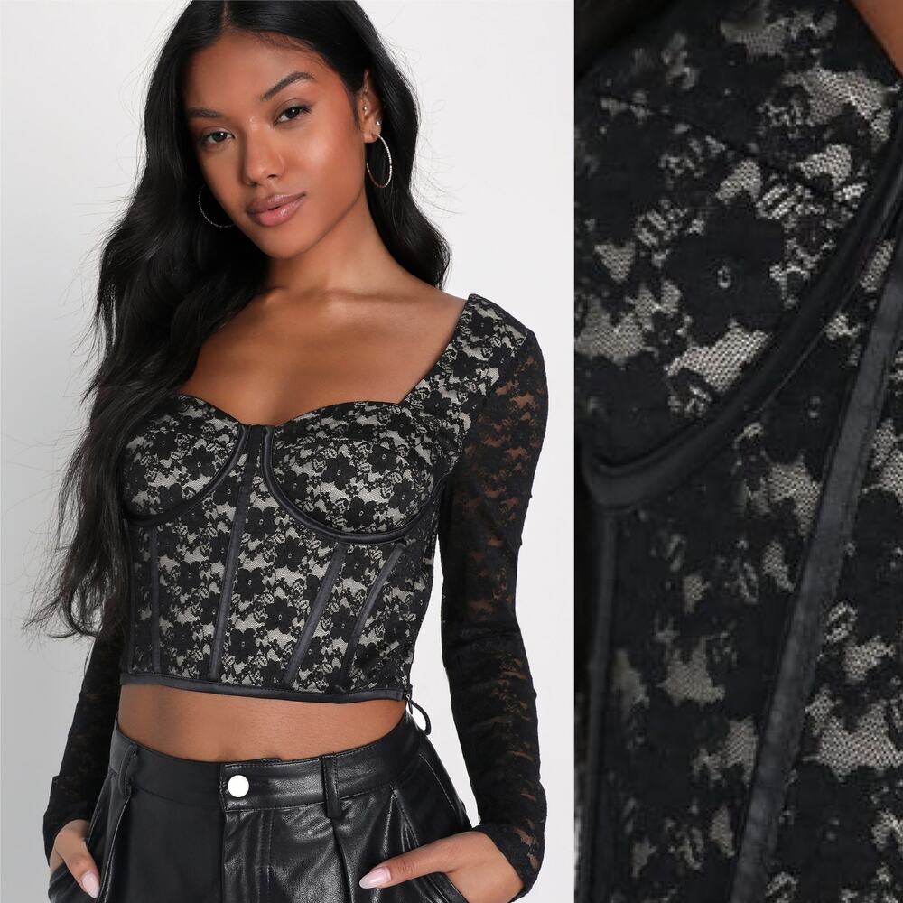 Lulus Sultry Darling Black Lace Long Sleeve Cropped Bustier Top